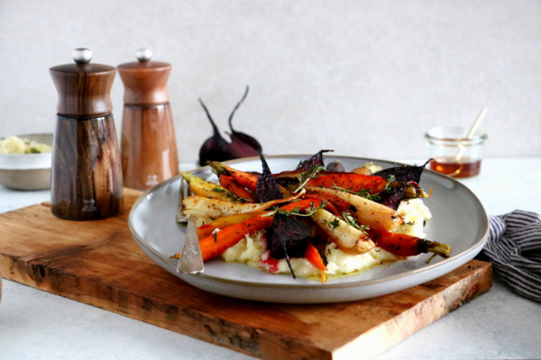 Maple Roasted Root Vegetables with Parsnip Puree